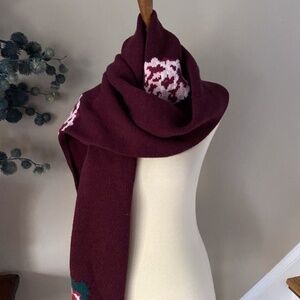 Anthropologie Burgundy Rose Embroidered Pom Scarf